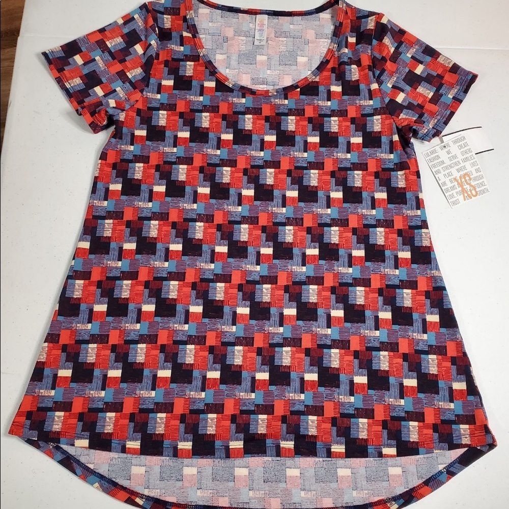 NWT Lularoe Classic T, sz: XS red cream and blue block geometric print
